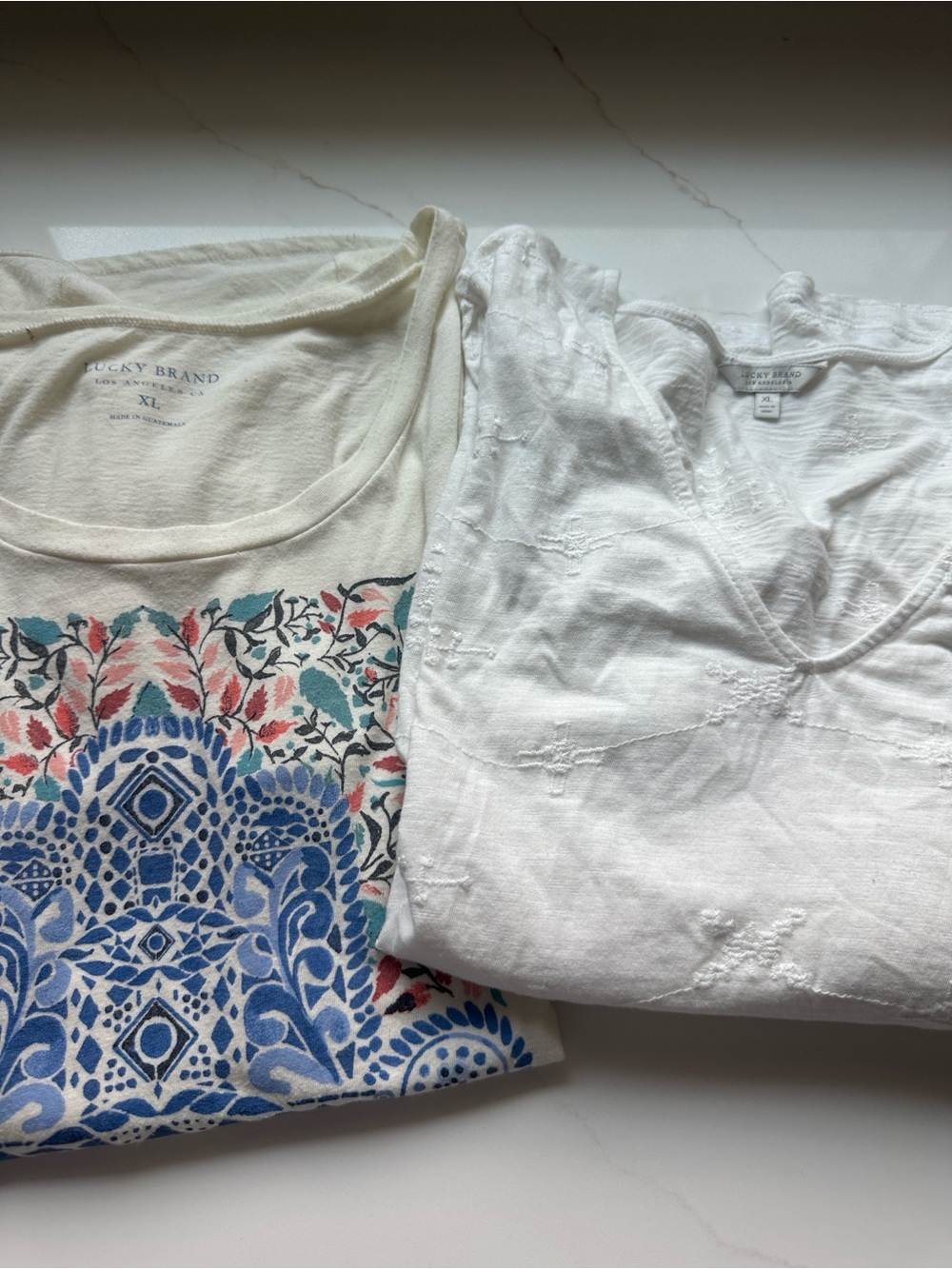 Lucky Brand Cream Tee with Blue Medallion and Coral Teal Floral Accents